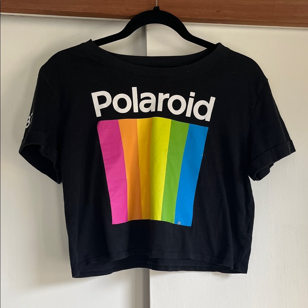Polaroid Black Tee with Colorful Stripe Design Crop